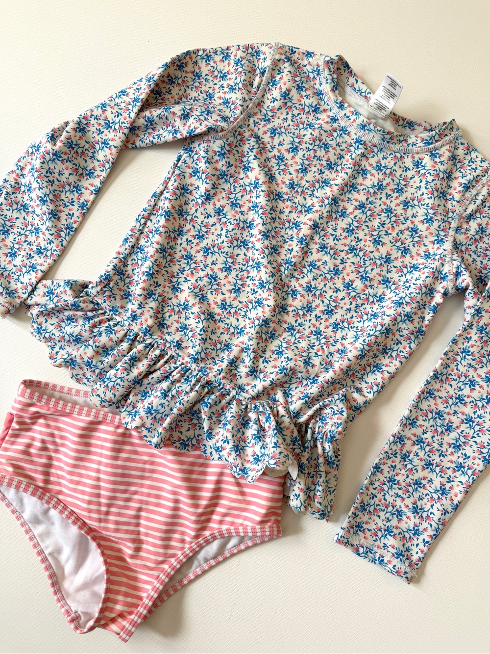 Ruffle Butts Floral Long-Sleeve Rash Guard Swim Set - Pink & Blue